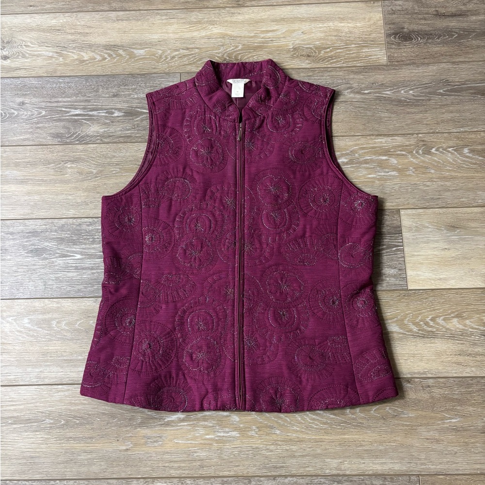 Christopher & Banks Silk Vest Sz M Embroidered Metallic Thread Winter Office Art